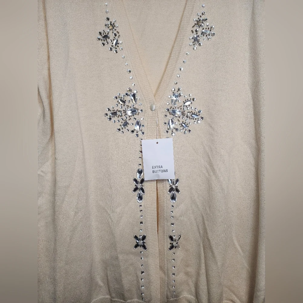 MODA INTERNATIONAL Cream Silk Cashmere Gem Embellished Cardigan L